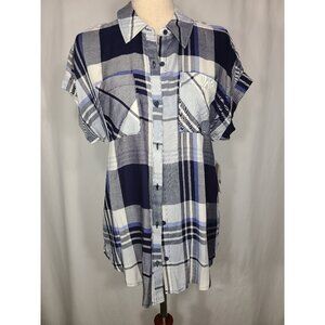 NEW ComoVintage Cap Sleeves Womens Top Shirt Blue Pattern Size S A066